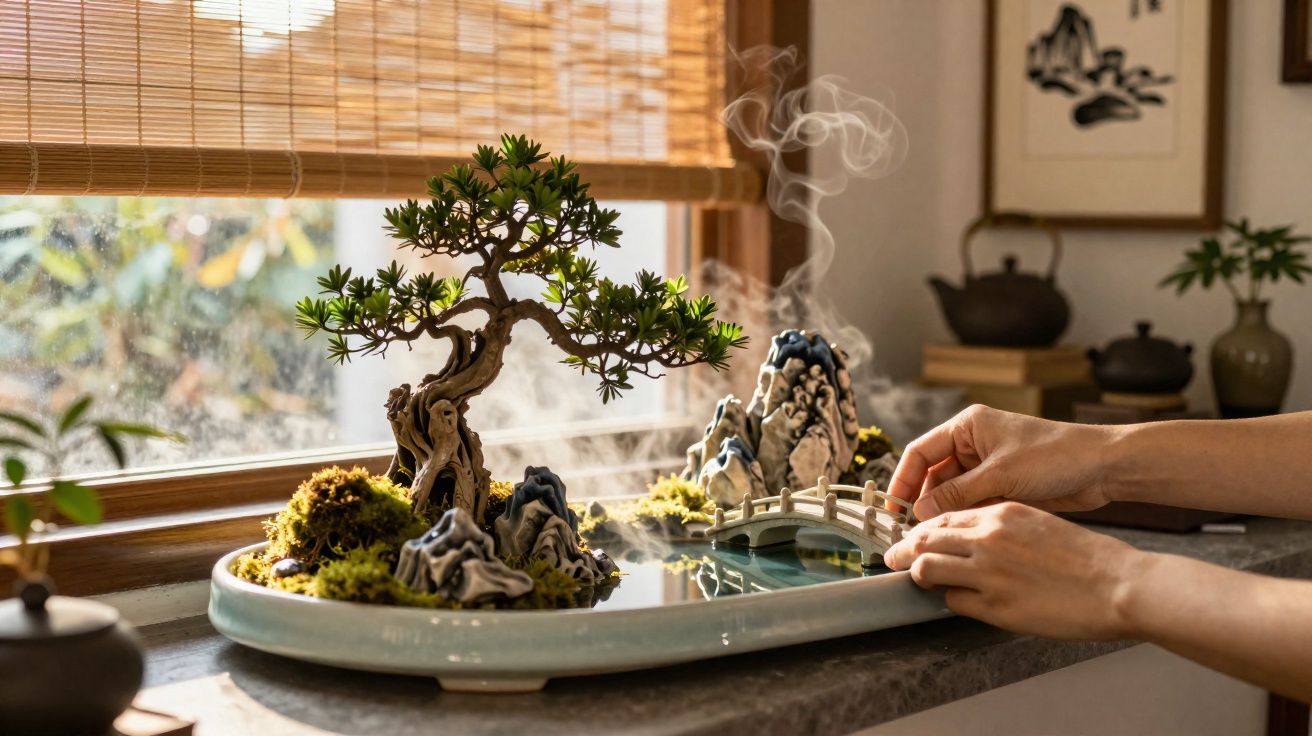 Mãos ajustando mini jardim zen com árvore bonsai, ponte e montanhas decorativas com fumaça no balcão próximo à janela.