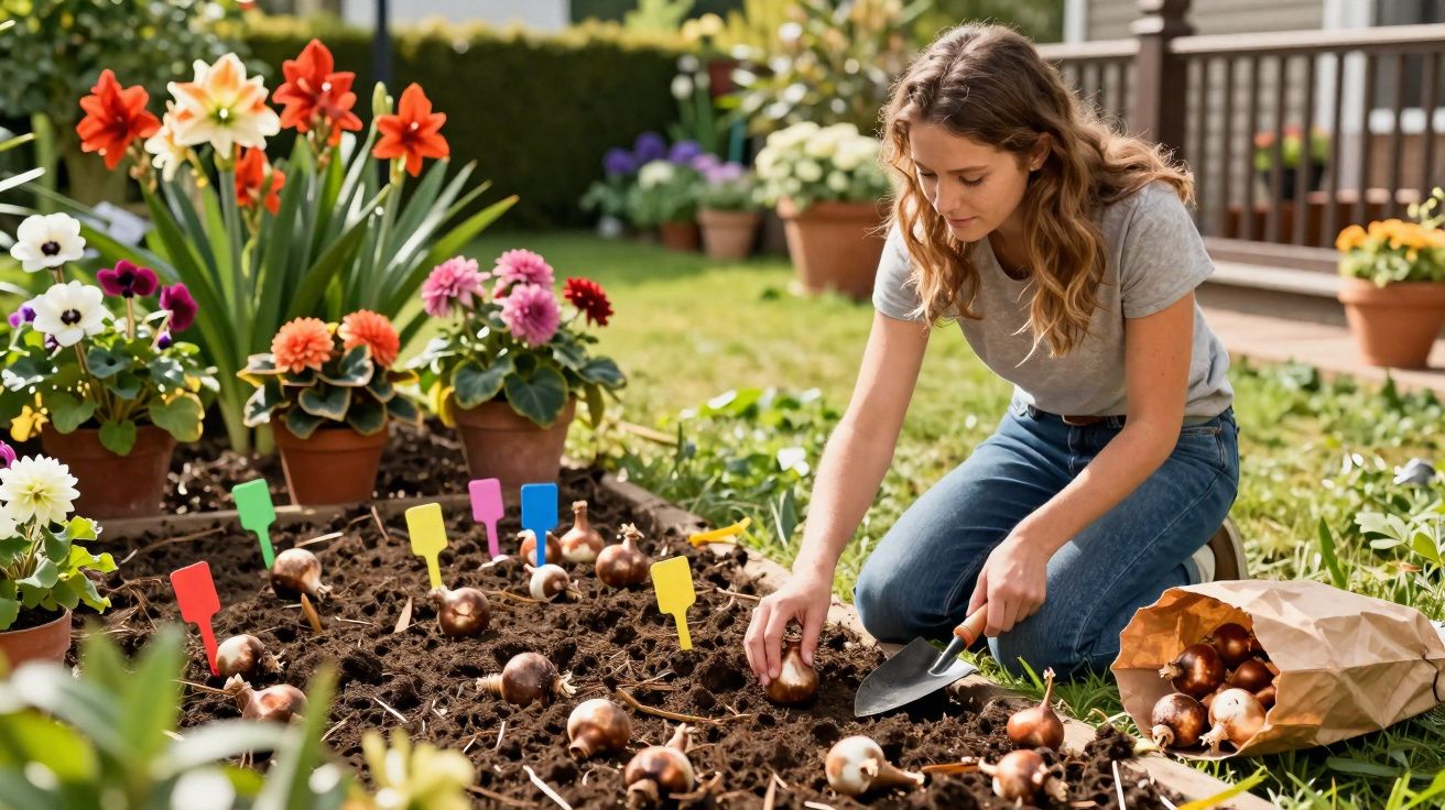 Mulher plantando bulbos de flores no jardim, rodeada de flores coloridas em vasos.