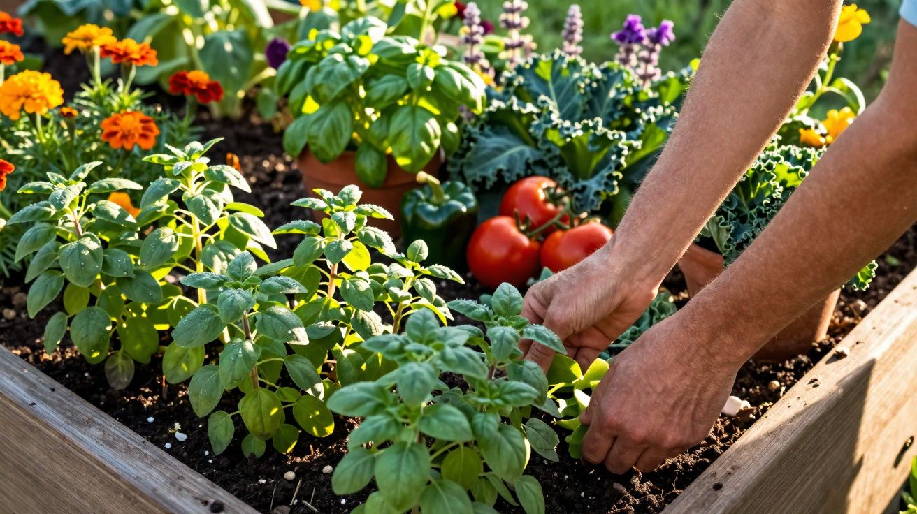 Mãos cuidam de plantas em um canteiro com flores, tomates e ervas em uma horta caseira.