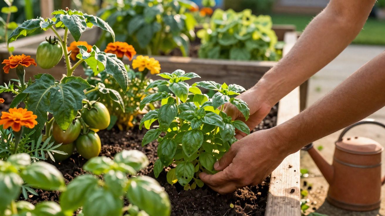 Mãos cuidando de planta de manjericão em canteiro com tomates verdes e flores laranjas.