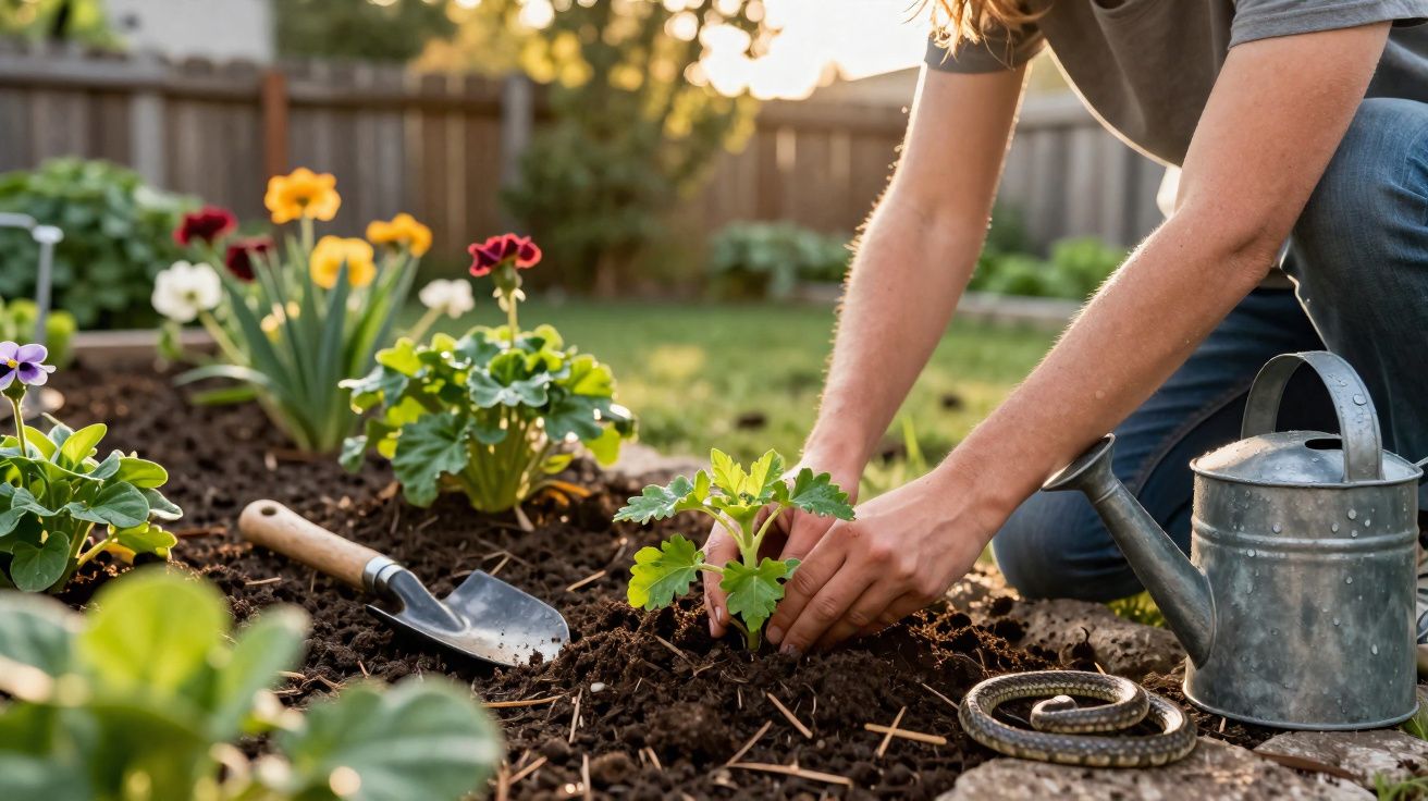 Pessoa plantando muda em jardim com flores, regador e pá de jardinagem ao lado em área externa.