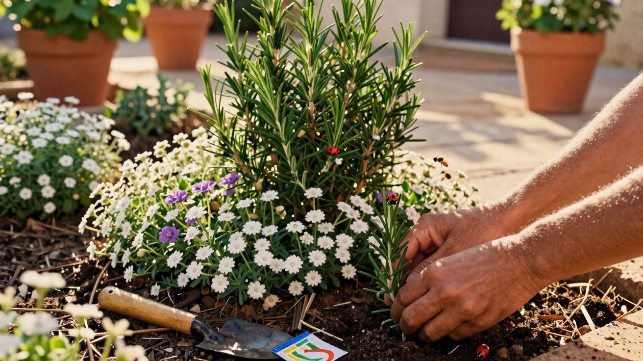Mãos cuidando de planta de alecrim em canteiro com flores brancas e roxas ao redor em jardim ensolarado.