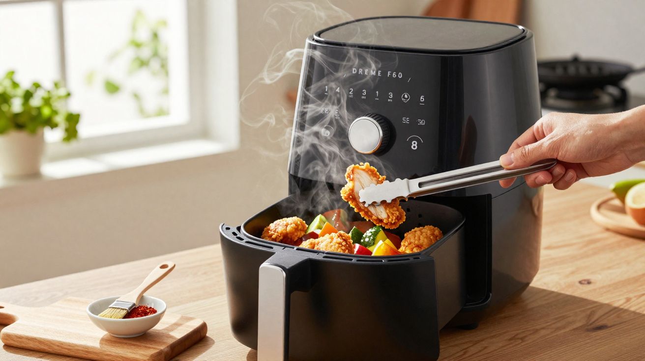 Pessoa retirando comida frita na airfryer preta na cozinha, com vegetais e fumaça visível.