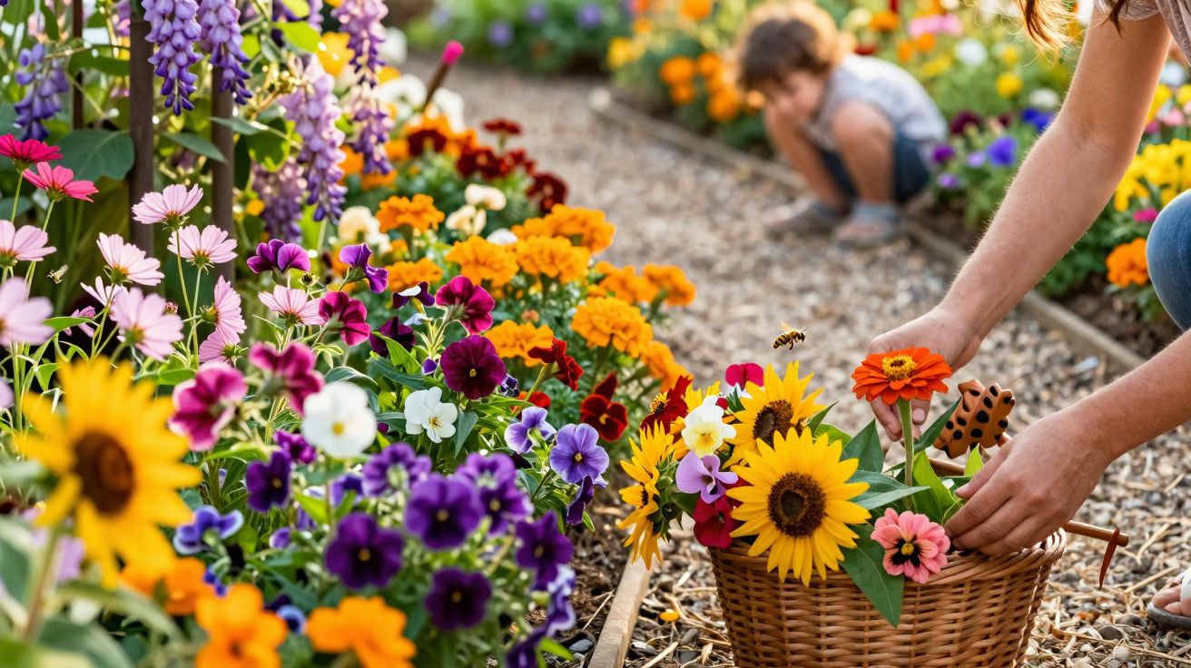 Pessoa colhendo flores coloridas em cesta de vime em jardim com criança ao fundo.