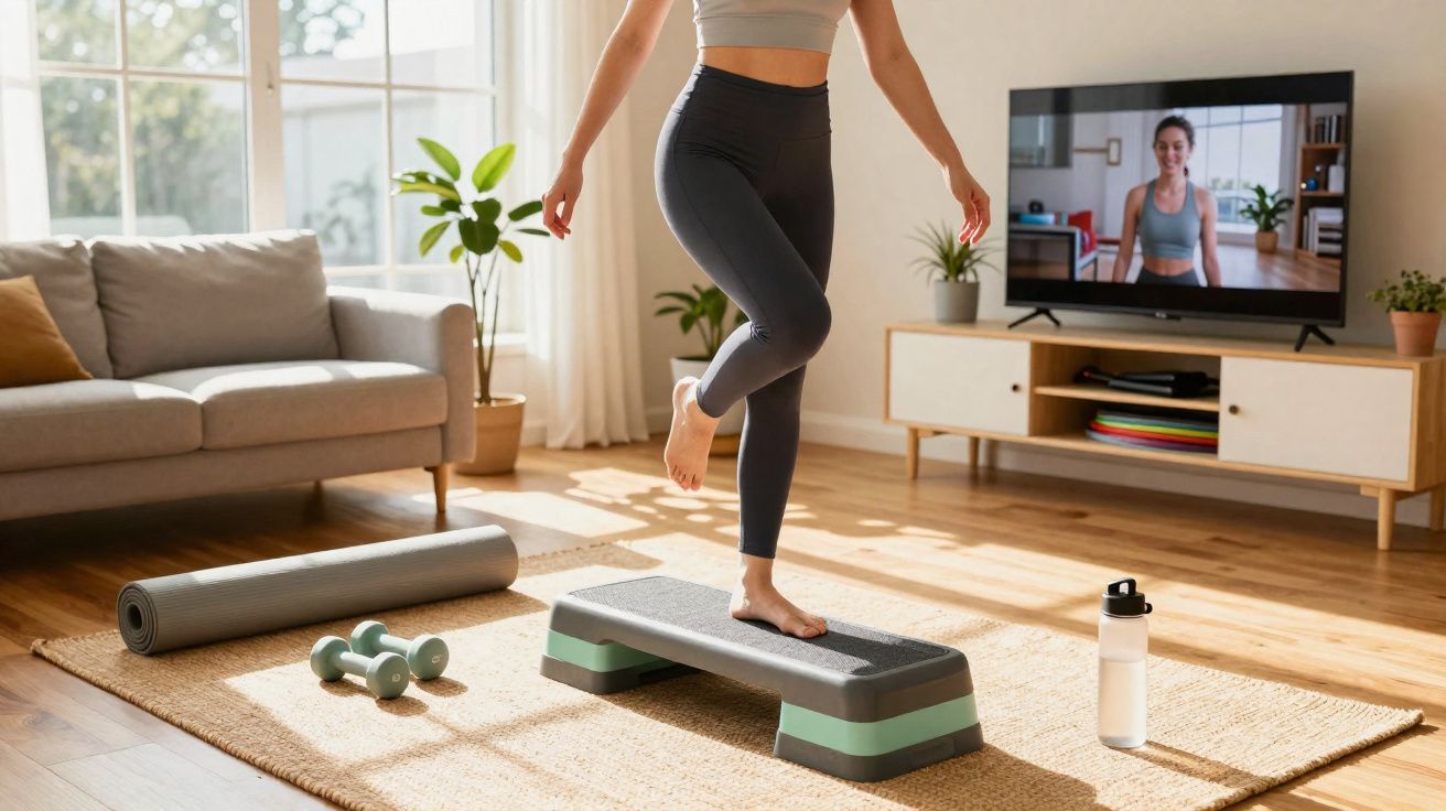 Mulher praticando exercícios em casa com vídeo de treino na TV, tapete, halteres e garrafa d’água.