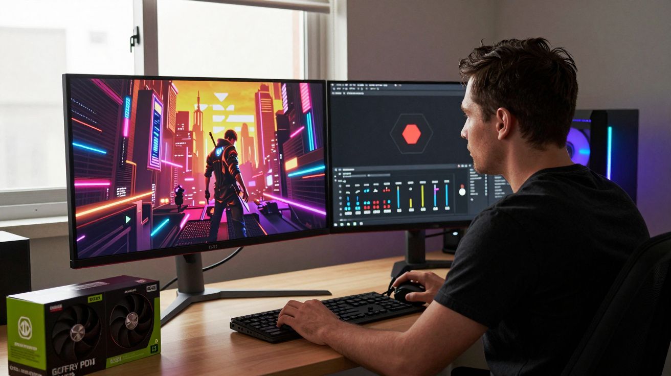 Homem usando computador com dois monitores, um exibindo jogo com cenário futurista neon.