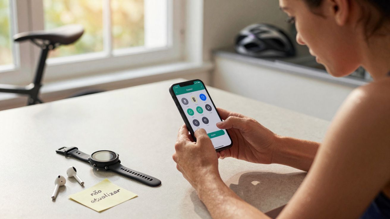 Pessoa usando smartphone com smartwatch, fones de ouvido e post-it "não atualizar" sobre a mesa.