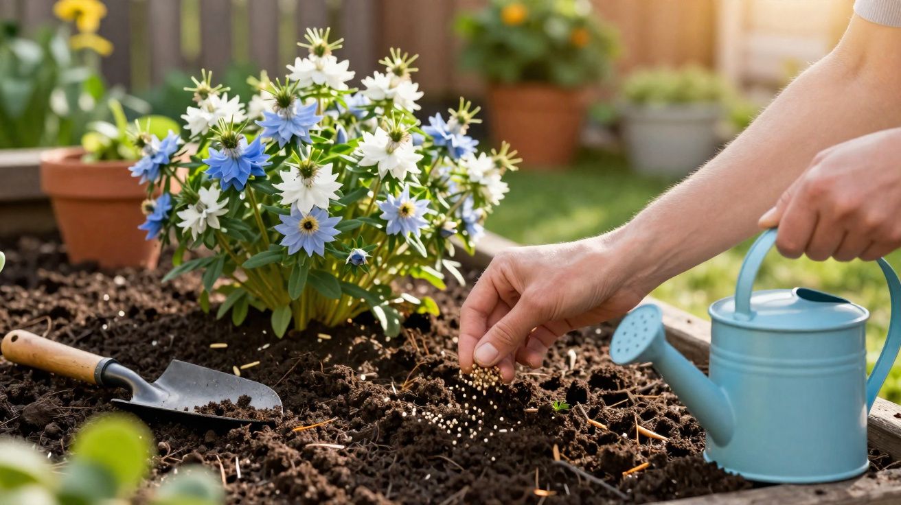 Pessoa plantando sementes em canteiro com flores brancas e azuis e regador azul ao lado.