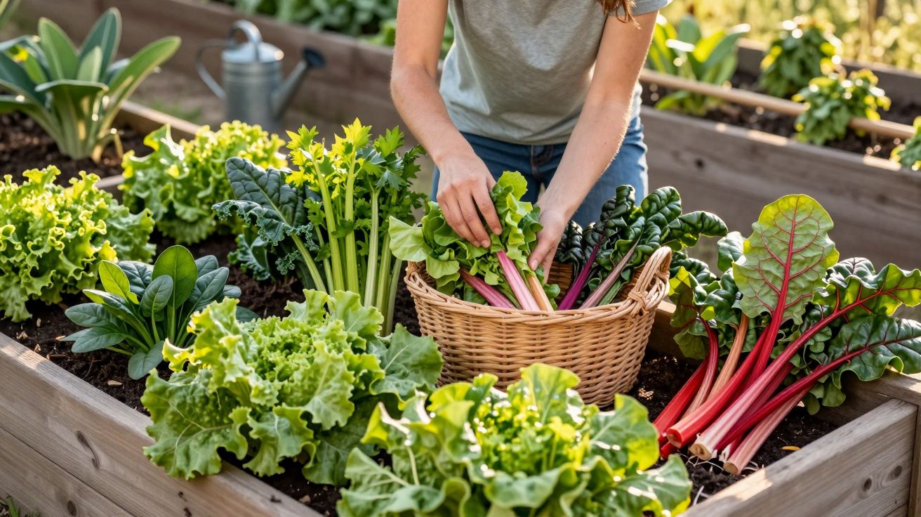 Pessoa colhendo verduras variadas em cesta dentro de horta elevada com plantas verdes e talos vermelhos.