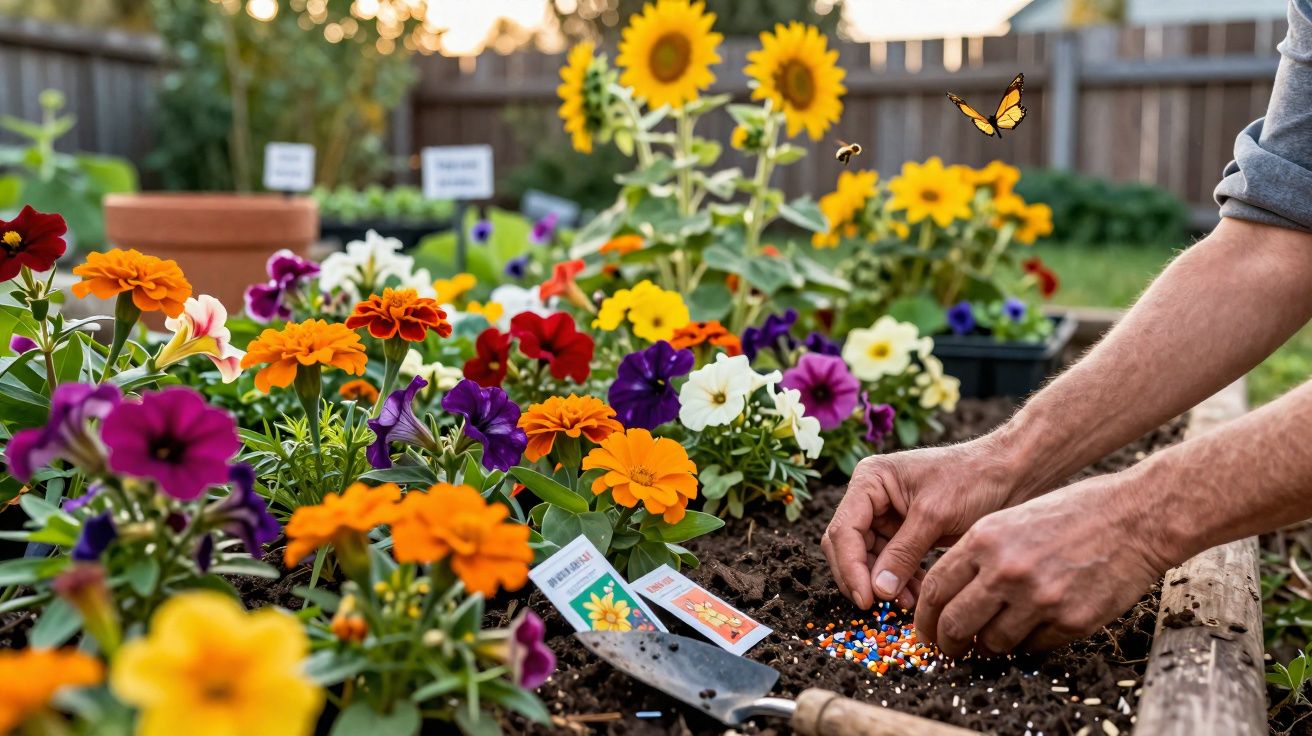 Mãos semeando sementes no solo em canteiro com flores coloridas e borboleta amarela voando.