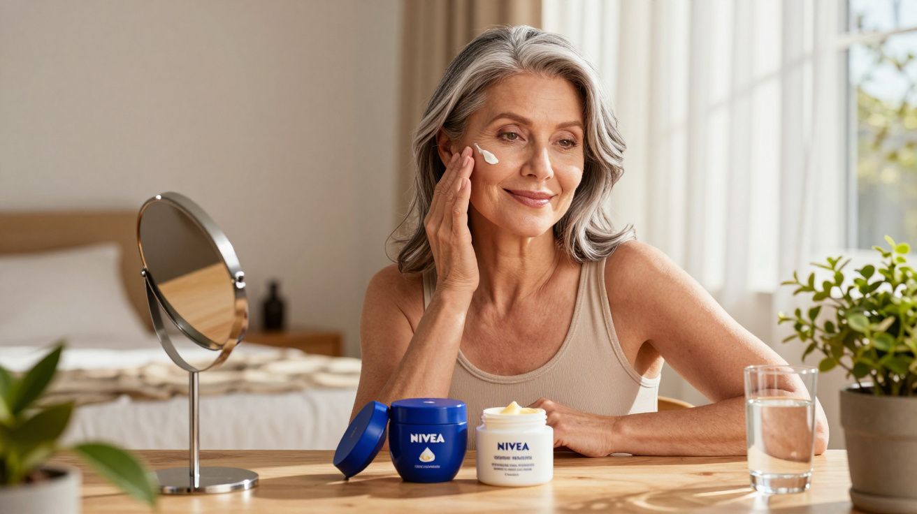 Mulher madura aplicando creme facial Nivea, sentada à mesa com espelho e plantas ao fundo.