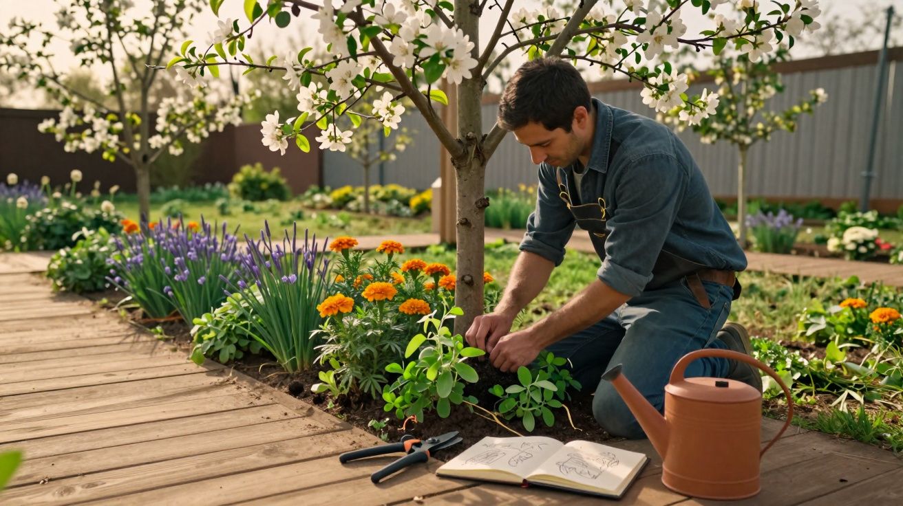 Homem cuidando de plantas floridas em jardim com regador, tesoura e caderno aberto ao lado.