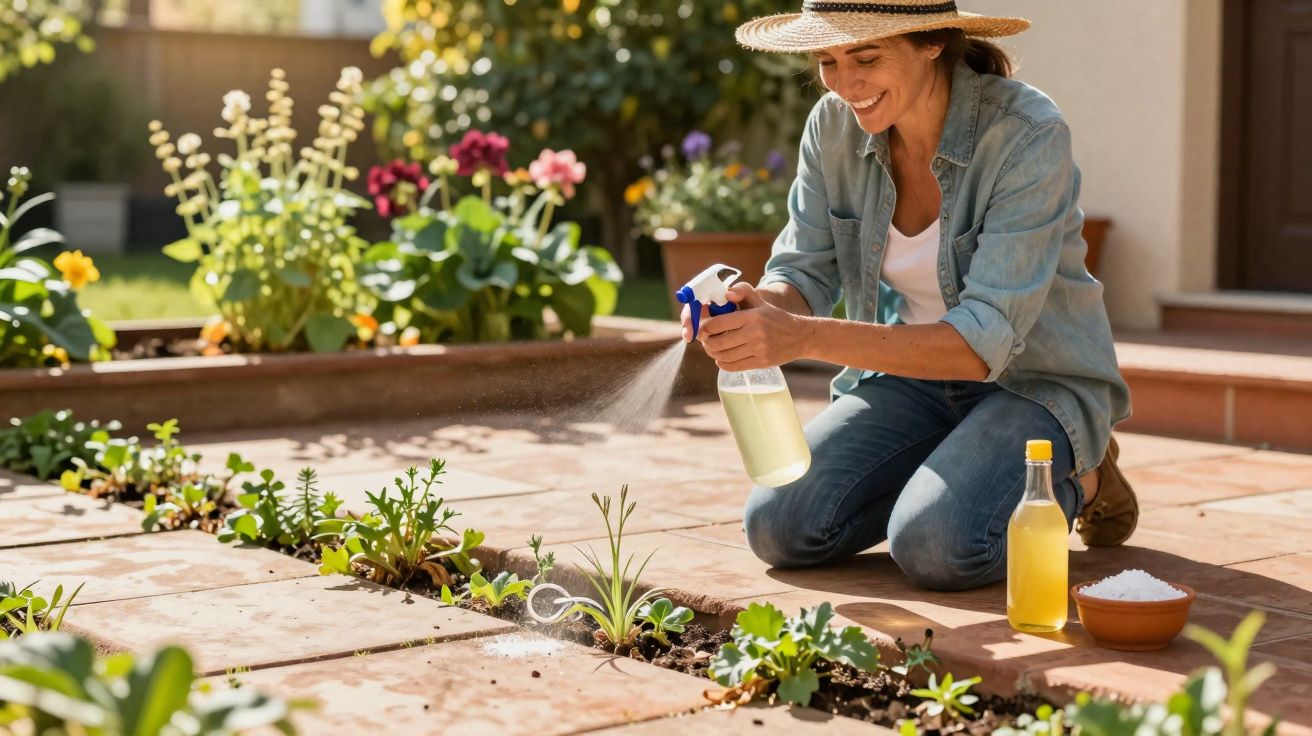Mulher sorridente regando plantas em um jardim com regador spray, usando chapéu e camisa jeans.