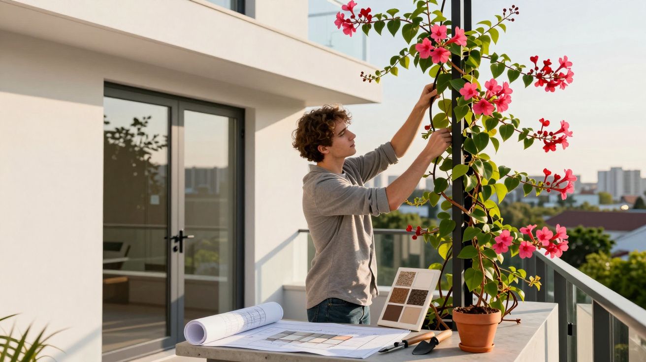 Jovem cuidando de planta florida em varanda com mesa contendo plantas e projetos arquitetônicos.
