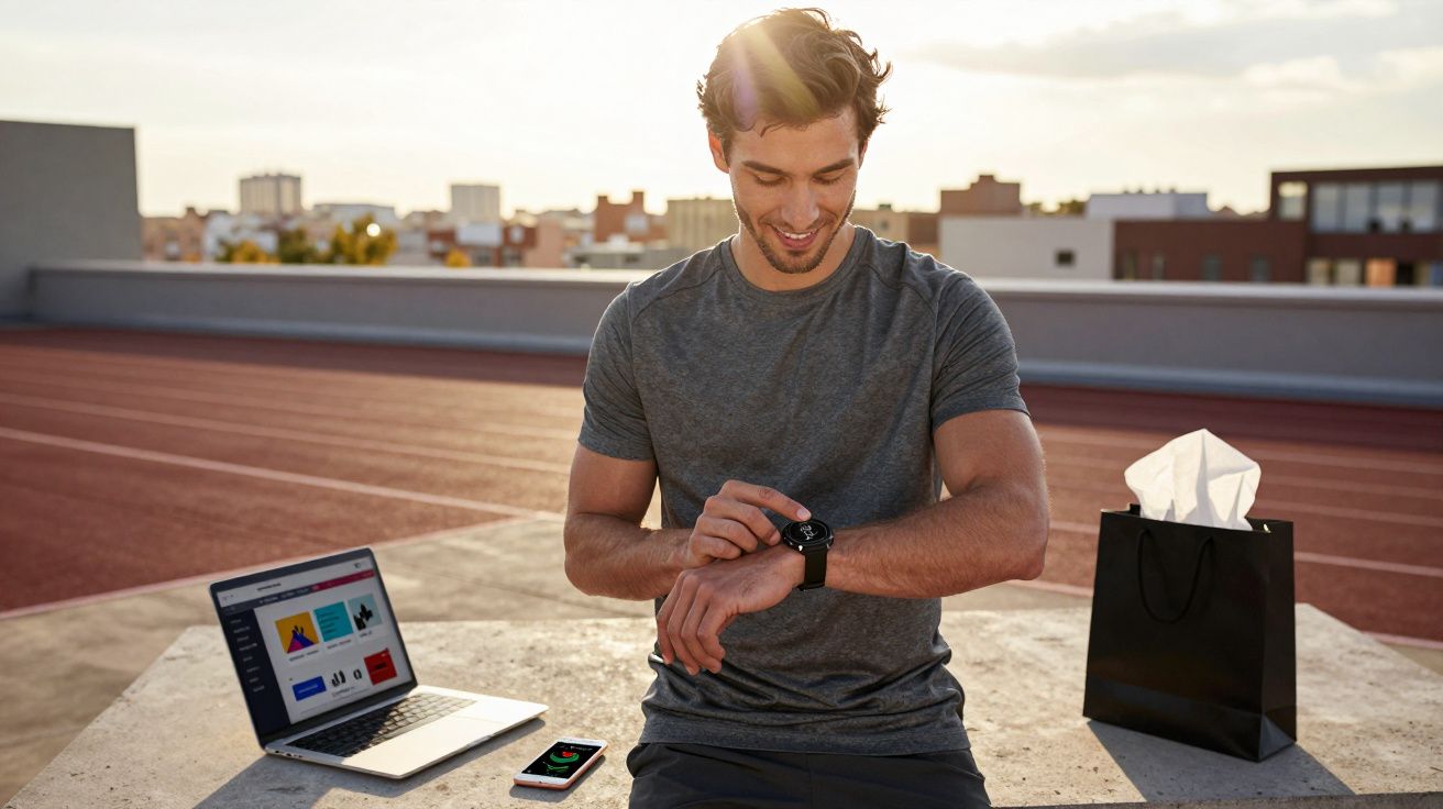 Homem sentado em pista de corrida checando relógio smart com laptop e celular ao lado ao ar livre.