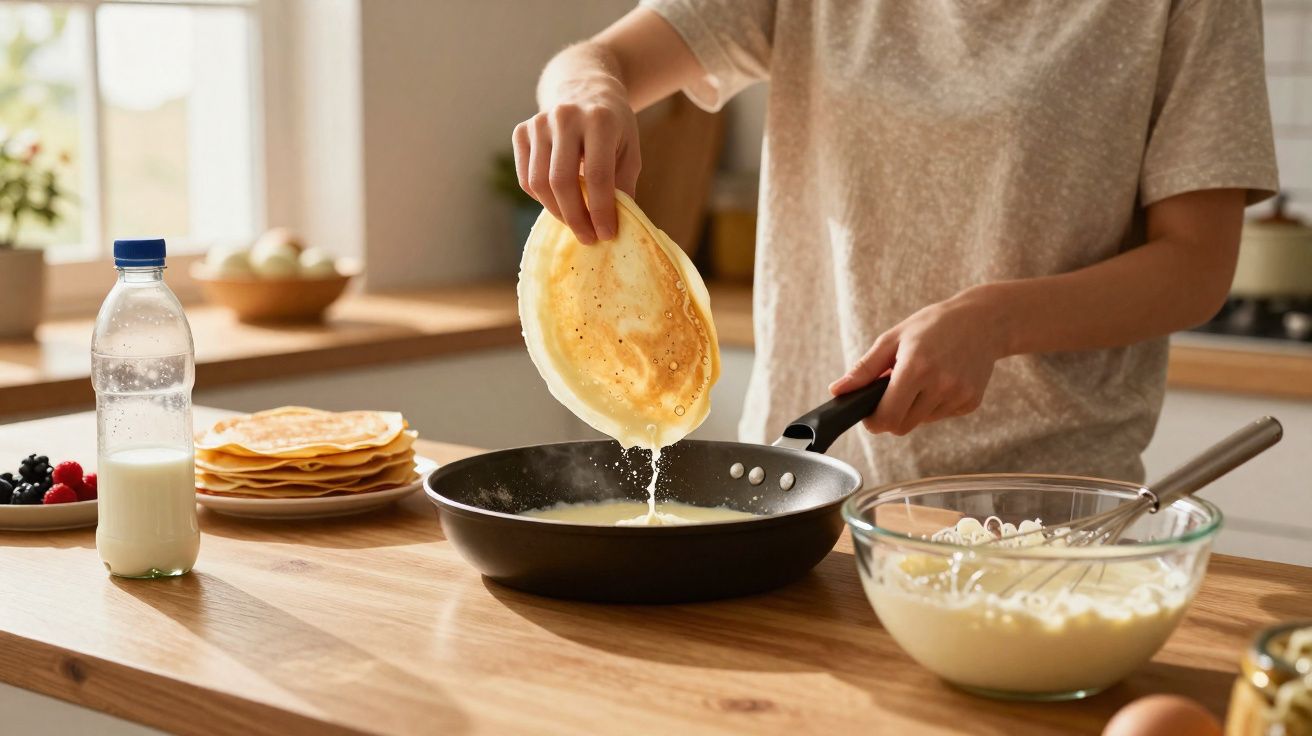 Pessoa virando panqueca na frigideira na cozinha, com tigela de massa e garrafa de leite na mesa.