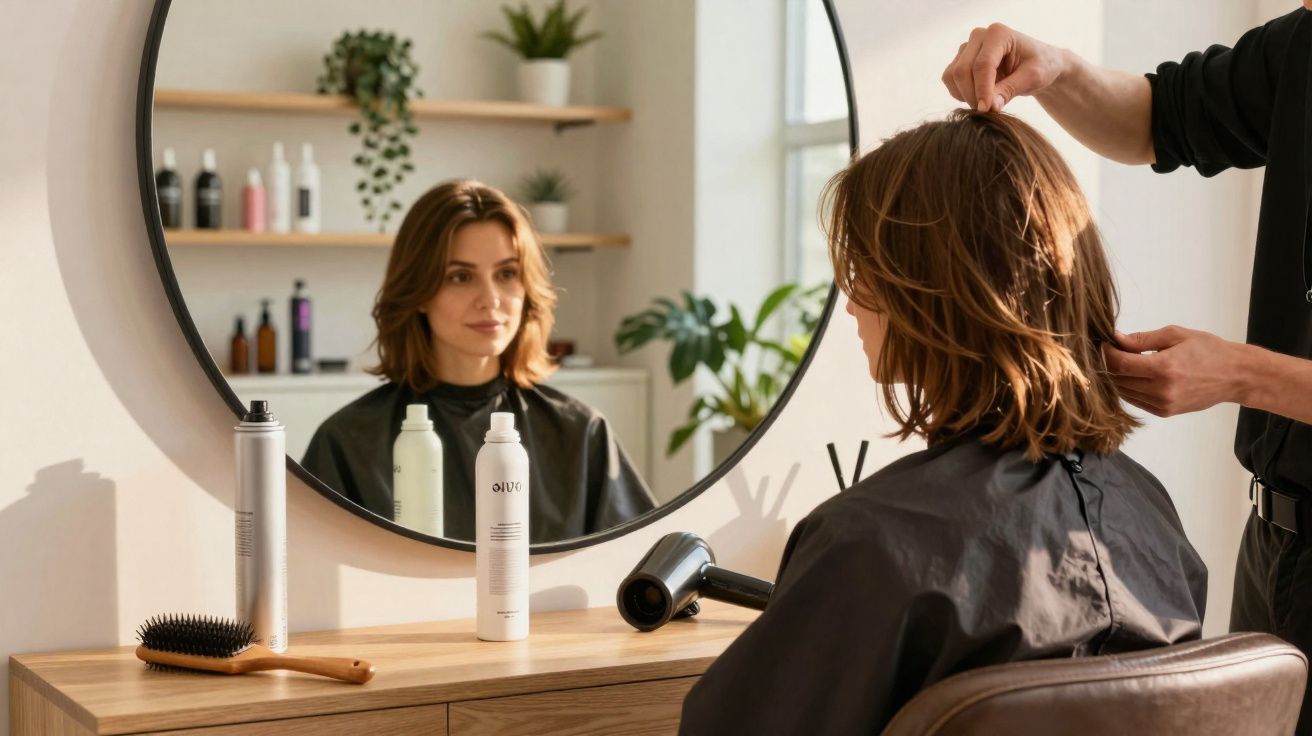 Mulher no salão de beleza tendo cabelo cortado e penteado por profissional, refletida em espelho redondo.