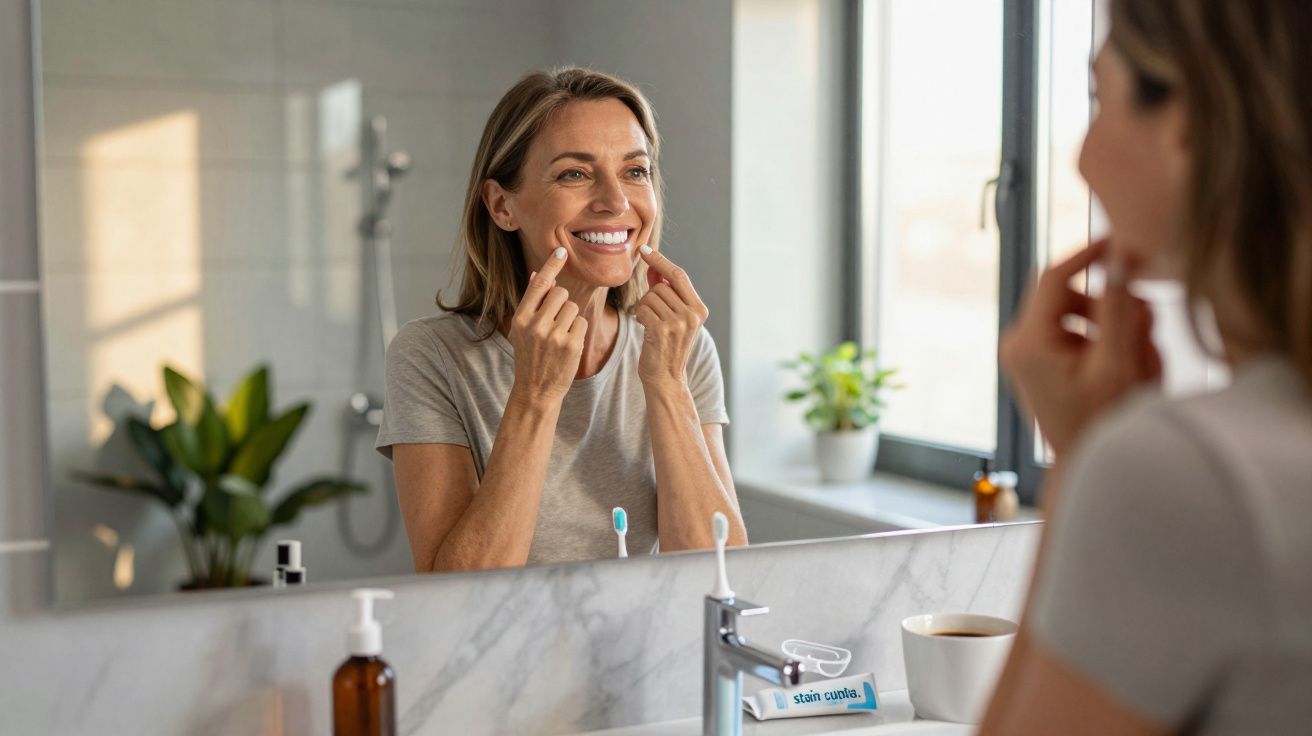 Mulher sorrindo para o espelho no banheiro enquanto cuida dos dentes e da saúde bucal.