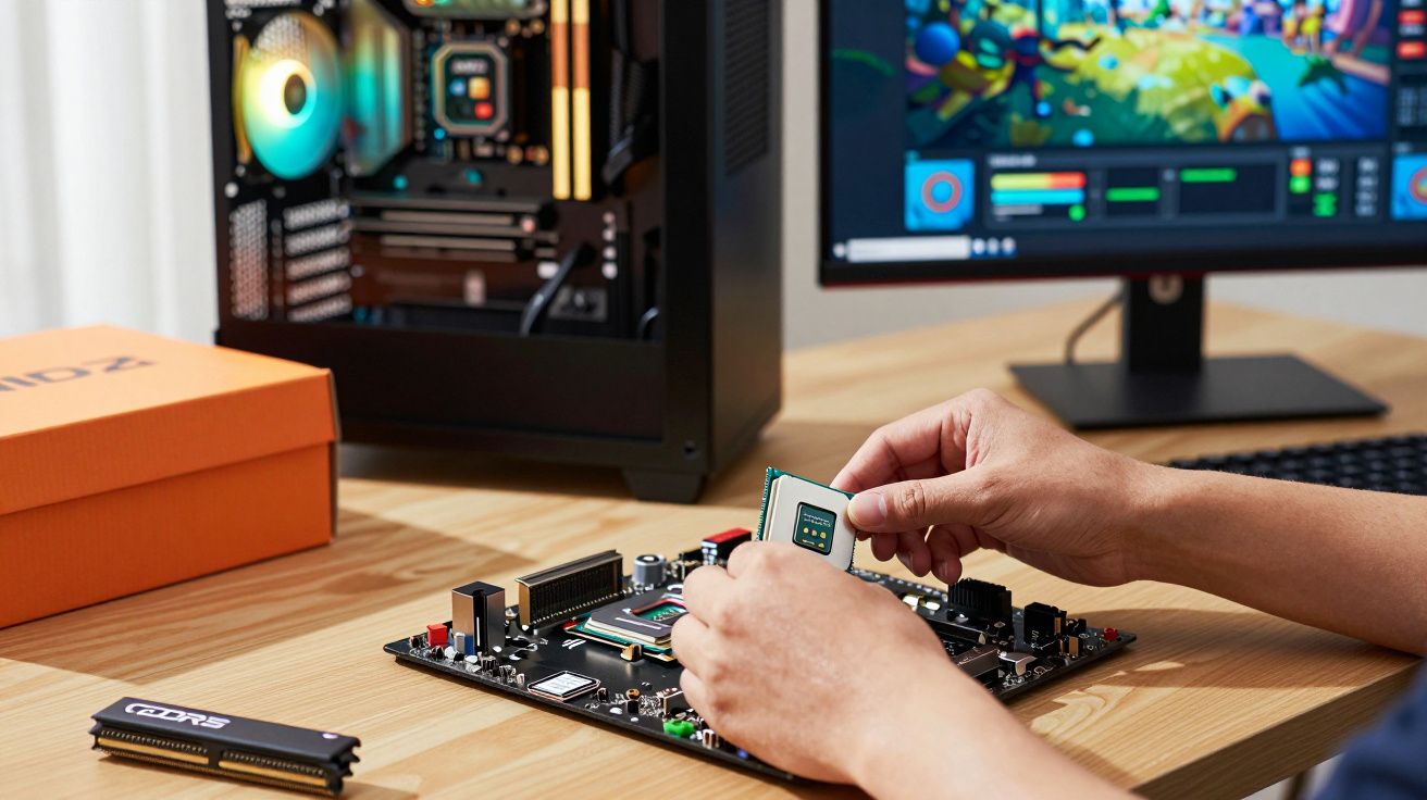 Pessoa instalando processador em placa-mãe com computador e monitor ao fundo em mesa de madeira.