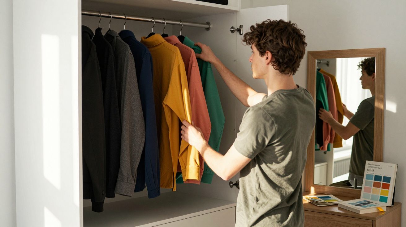 Homem escolhendo camisa colorida em guarda-roupa branco com espelho ao lado em quarto iluminado.