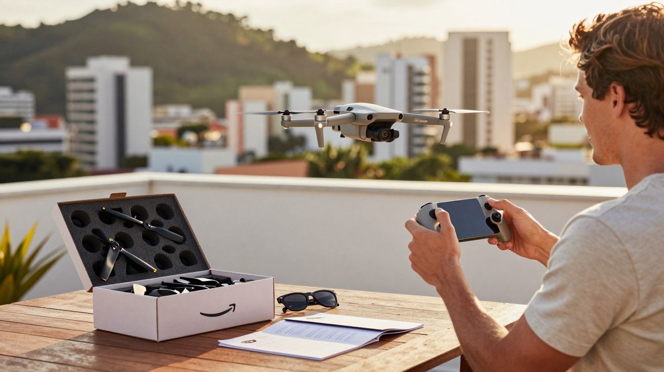 Homem controla drone cinza em varanda com controle remoto e caixa com acessórios ao lado.