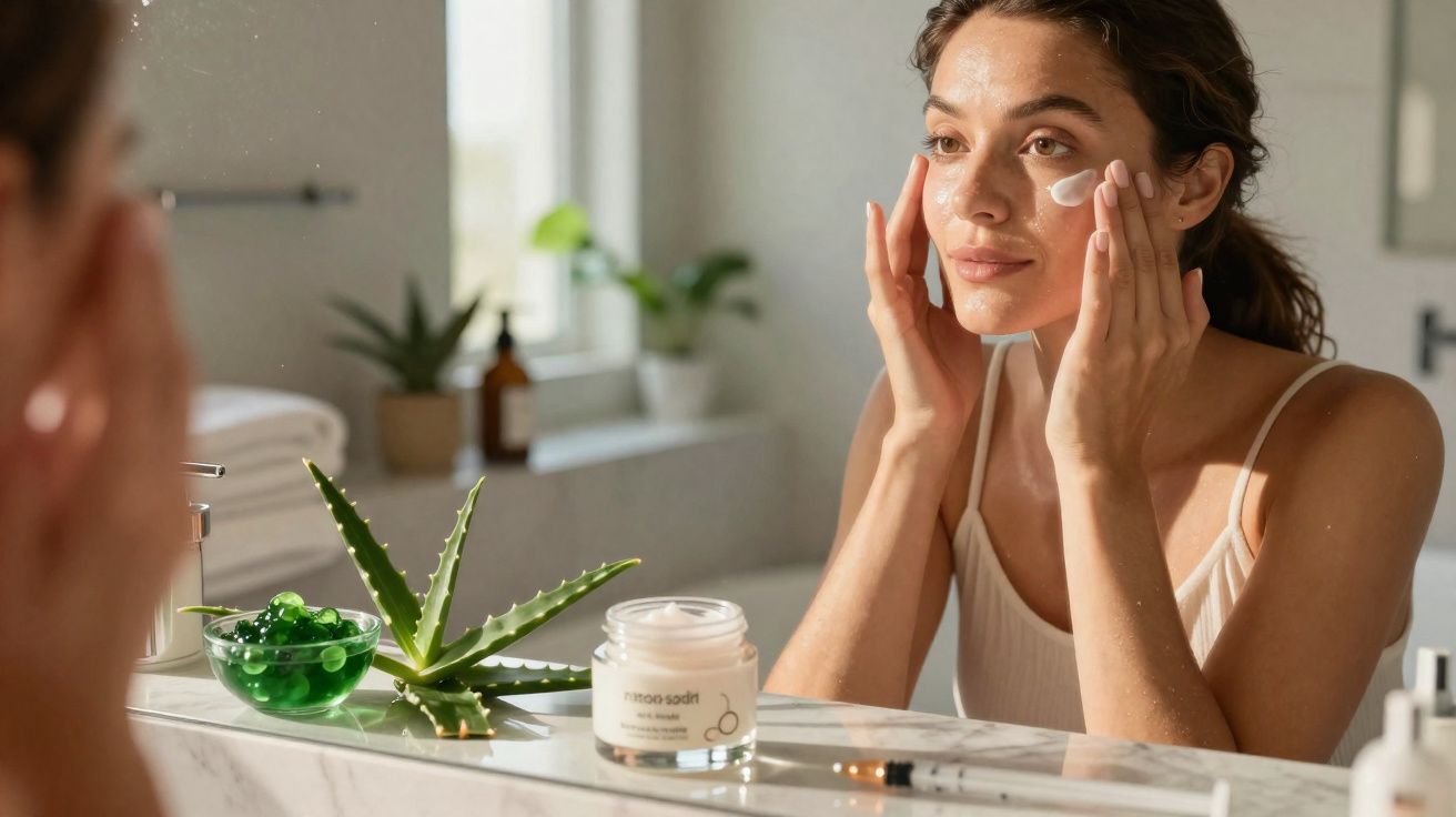 Mulher aplica creme facial diante do espelho em banheiro iluminado e decorado com aloe vera.