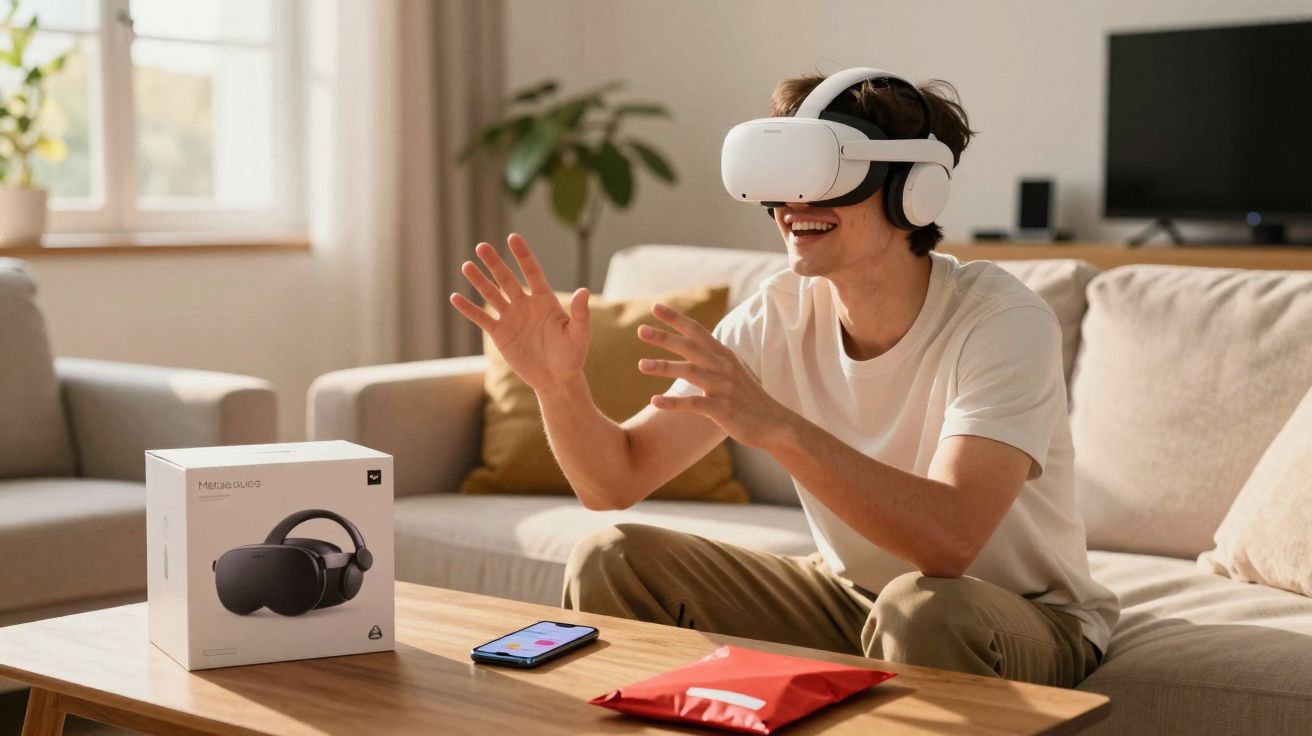 Jovem sentado no sofá usando óculos e fones de realidade virtual com expressão de entusiasmo.