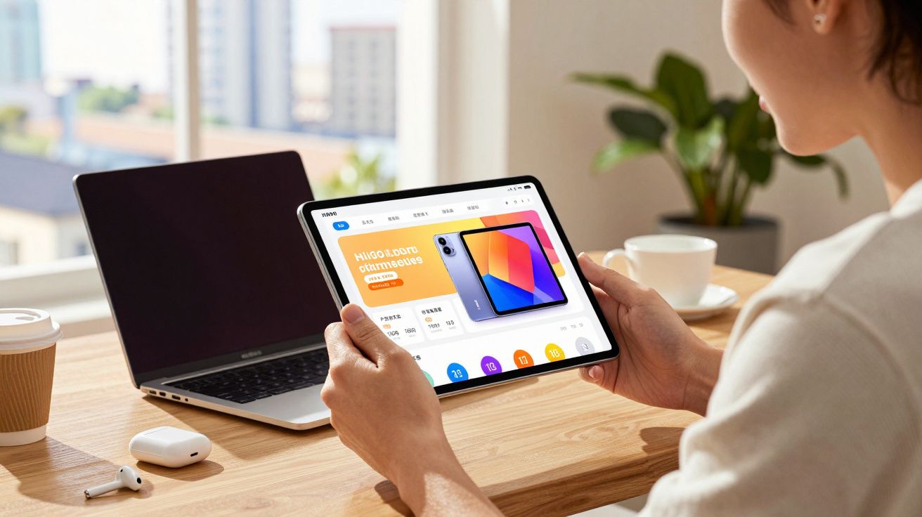 Pessoa usando tablet para comprar smartphone em mesa com notebook, fone e café próximo à janela.