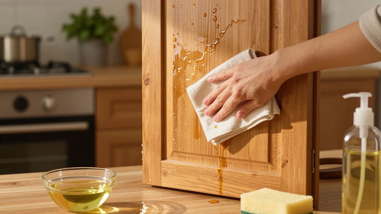 Mão limpando porta de armário de madeira com pano branco, com líquidos e esponja na bancada da cozinha.