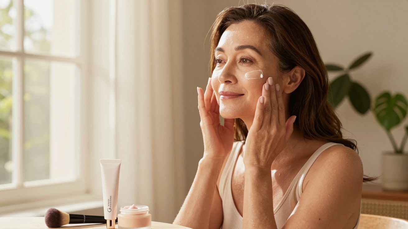 Mulher aplicando creme facial, sentada perto de janela com luz natural em ambiente acolhedor.