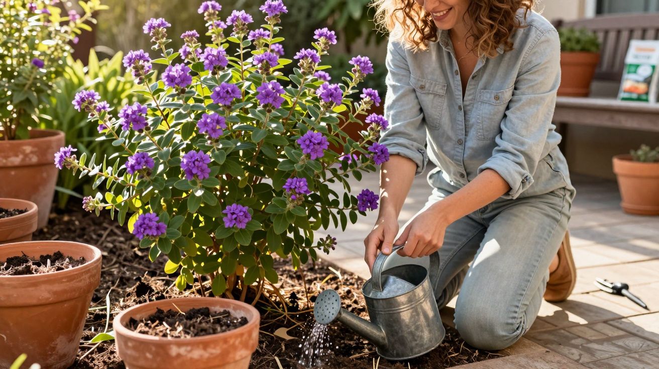 Mulher regando planta com flores roxas em jardim com vasos de barro ao redor.