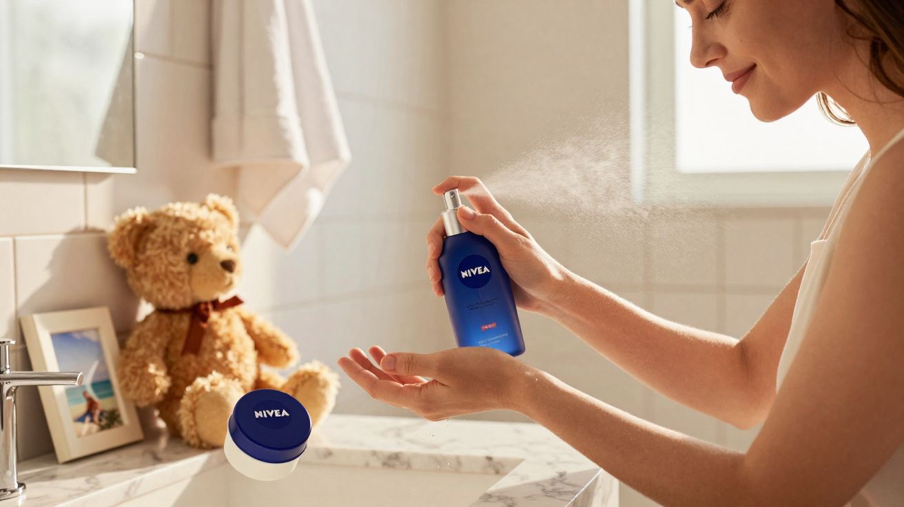 Mulher aplicando spray Nivea azul no braço em banheiro com ursinho de pelúcia ao fundo.