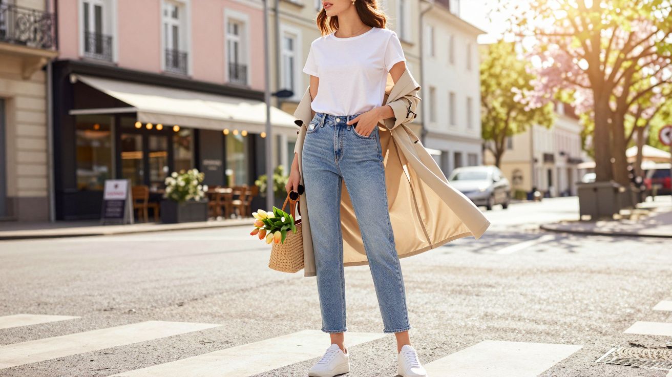 Mulher com camiseta branca, jeans e casaco bege segurando flores em cesto na rua ensolarada.