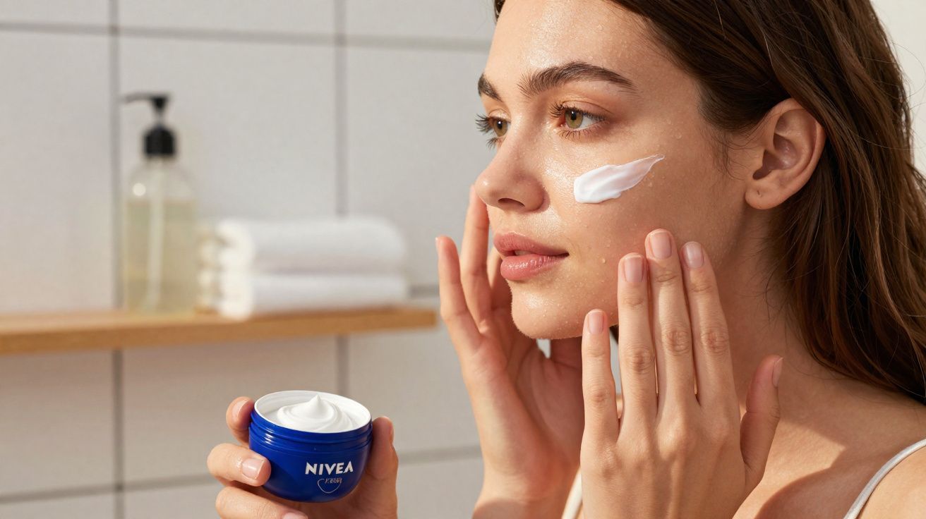 Mulher aplicando creme facial Nivea no rosto em banheiro com toalhas ao fundo.