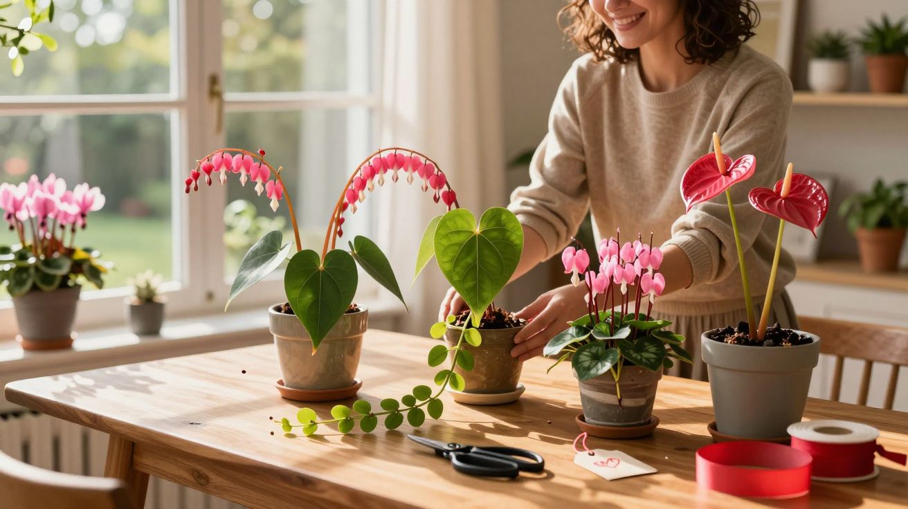 Mulher cuidando de plantas em vasos com flores em mesa de madeira next à janela iluminada.