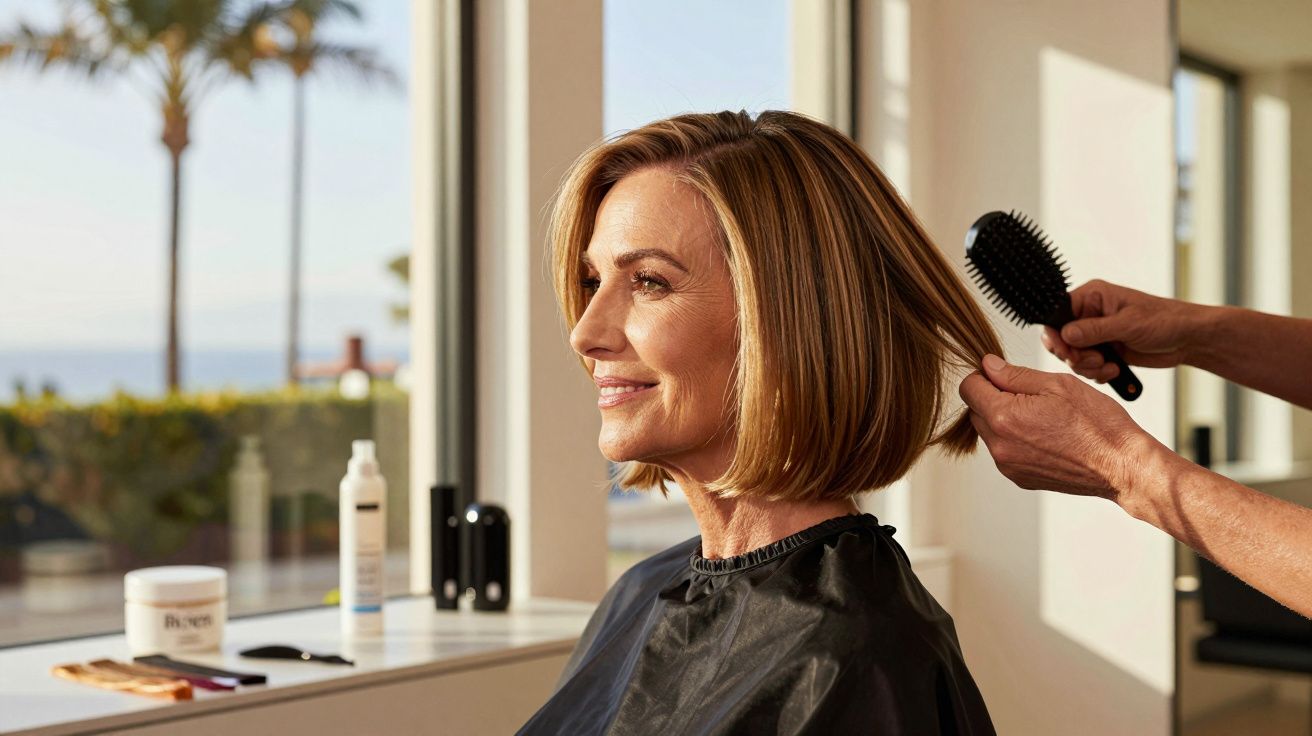 Mulher sorridente com cabelo curto sendo penteada em salão iluminado por luz natural.