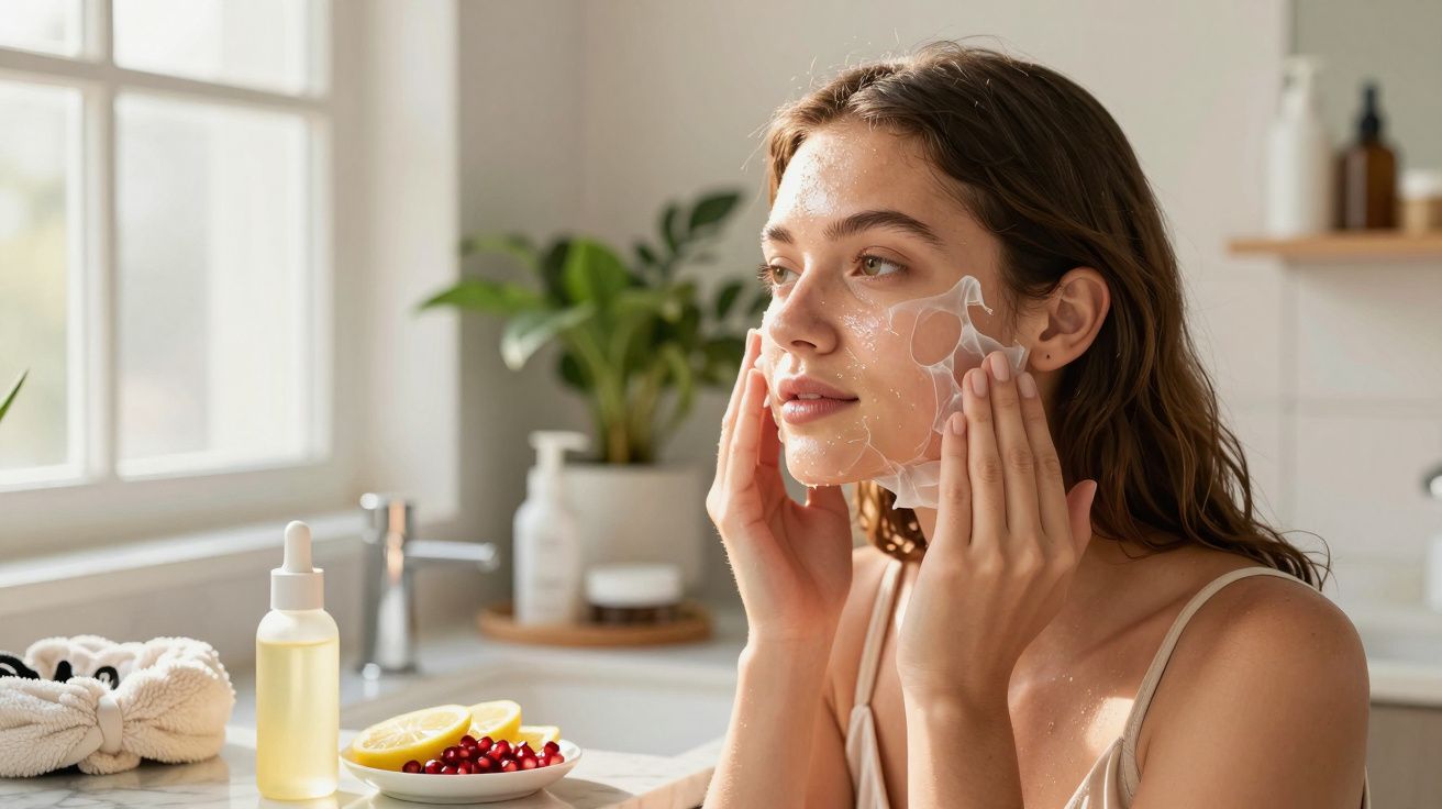 Mulher aplicando máscara facial transparente em ambiente claro e decoração com plantas.