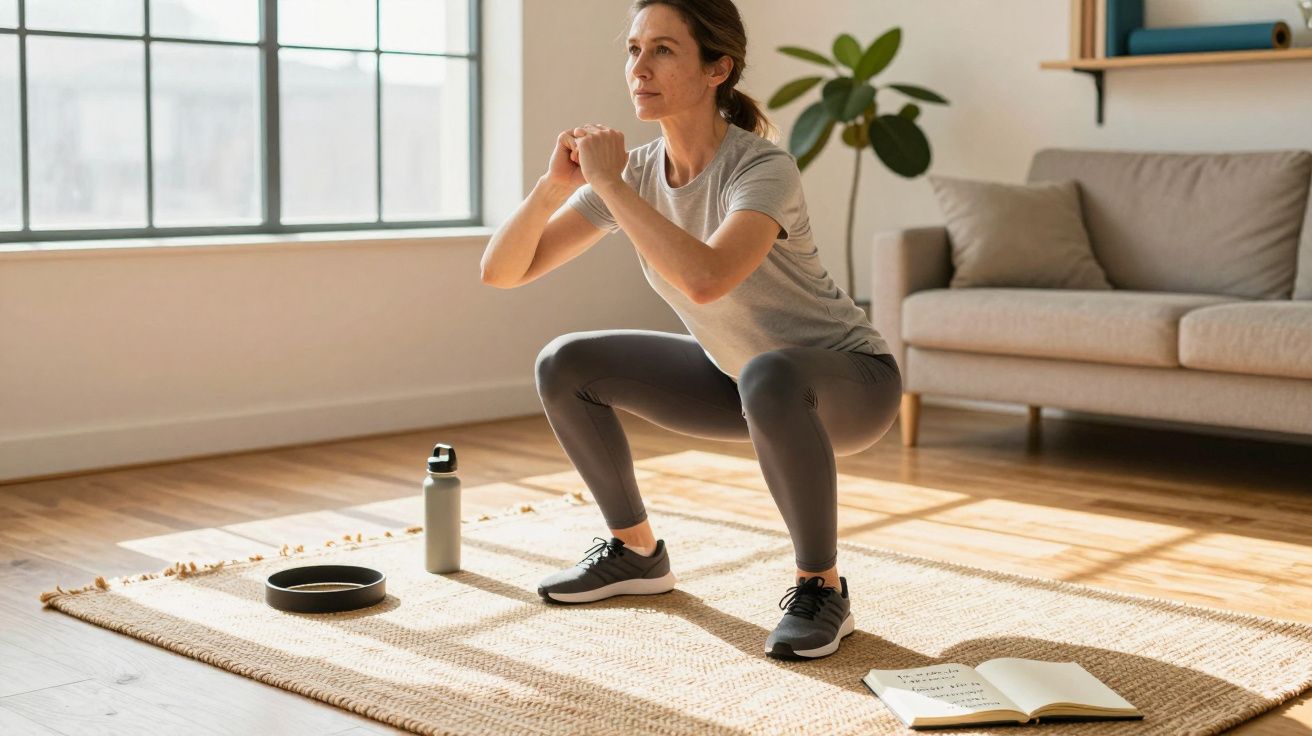Mulher fazendo exercício de agachamento em casa, com garrafa, anel de pilates e caderno ao redor.