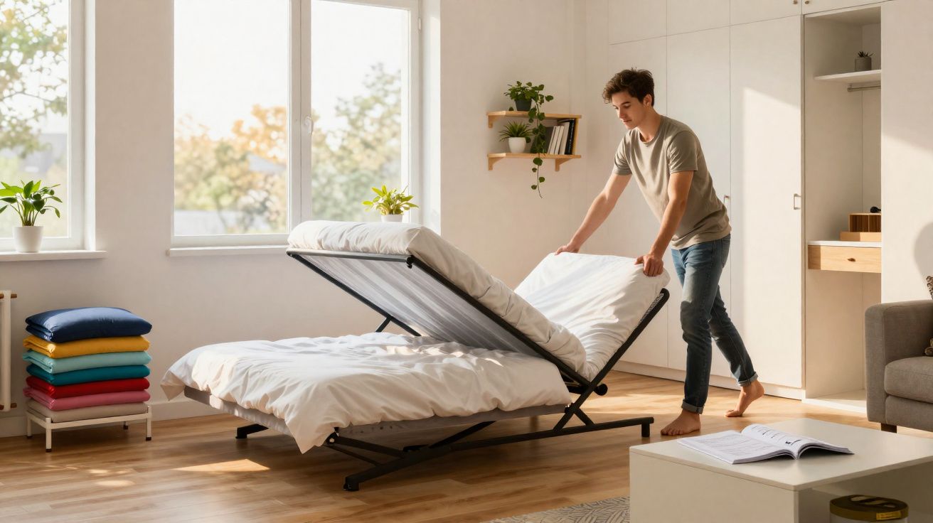 Homem arrumando a cama dobrável em quarto iluminado com janela e plantas.