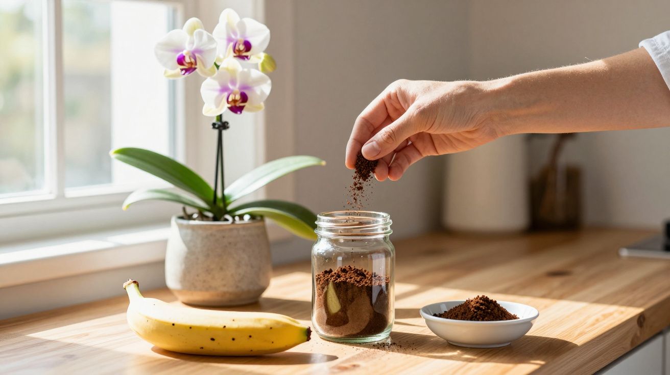 Mão colocando café moído em pote de vidro sobre mesa com banana e orquídea ao lado.