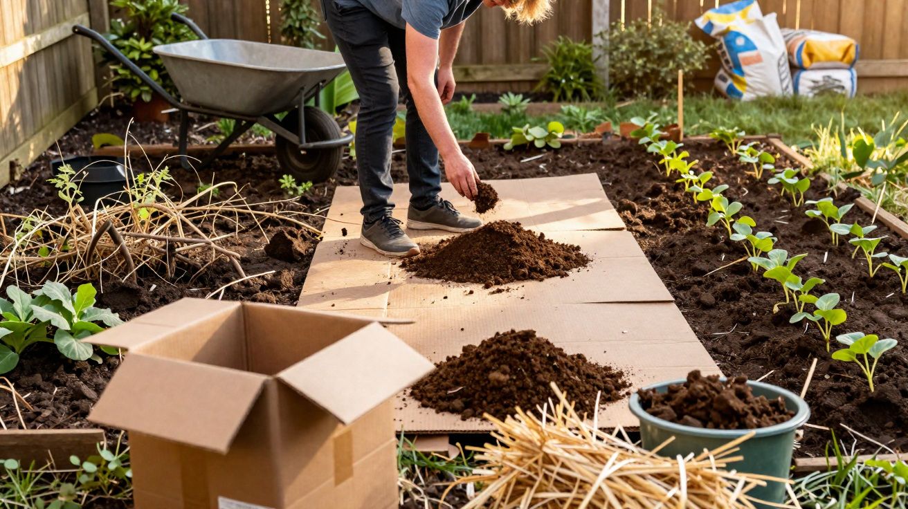 Pessoa preparando solo em jardim com mudas, carrinho de mão, caixa de papelão e utensílios de jardinagem.