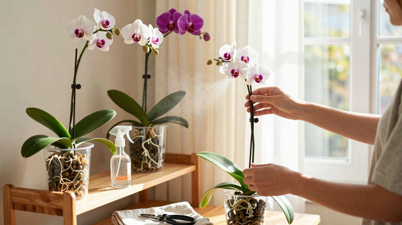Pessoa borrifando água em orquídeas brancas e roxas em vasos transparentes dentro de casa.