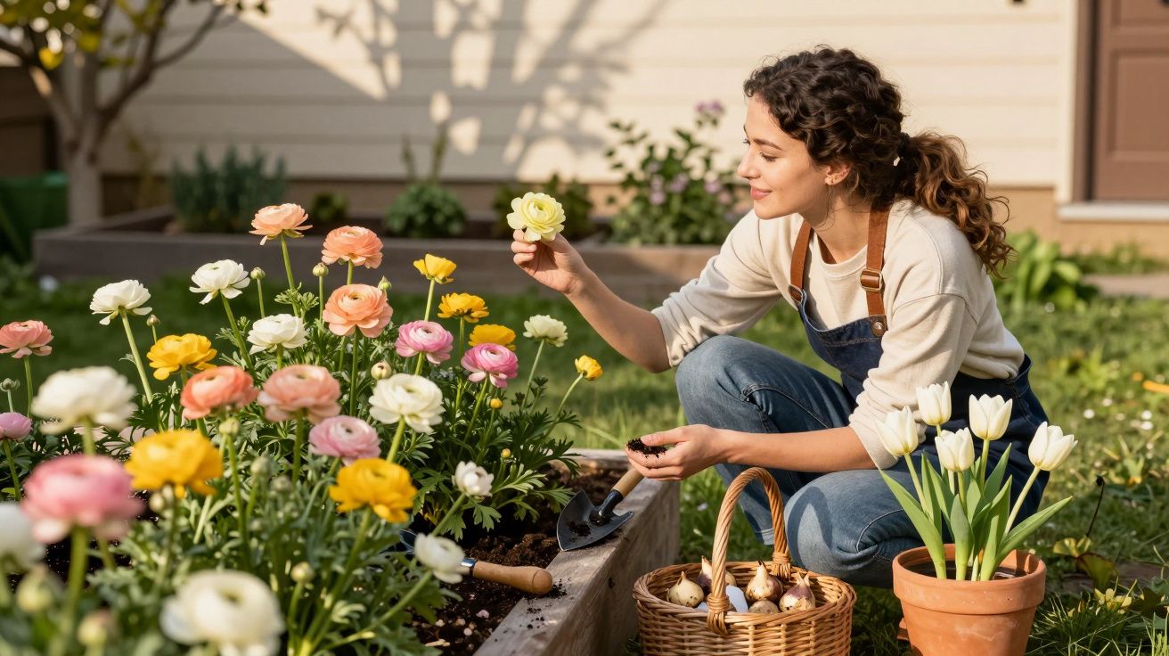 Mulher regando flores em canteiro com pá de jardinagem e cesta de bulbos ao lado.