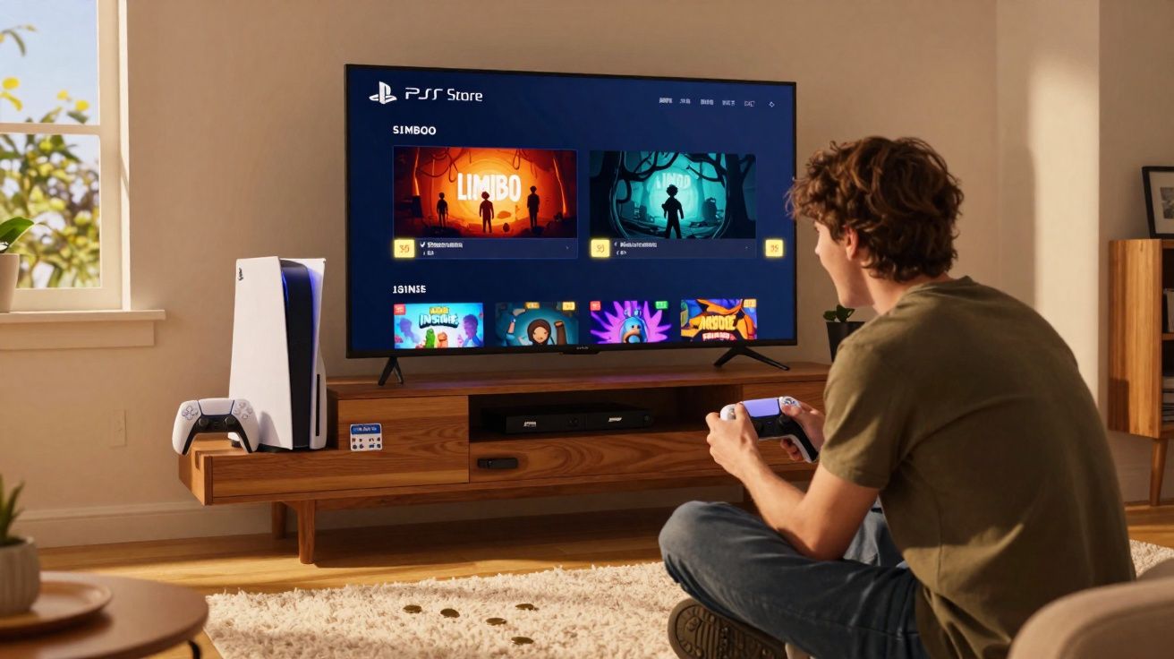Jovem sentado no chão jogando videogame em TV com console PlayStation 5 e controle branco.