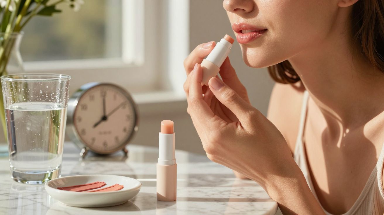 Mulher aplicando protetor labial com copo d’água e relógio em mesa de mármore ao fundo.