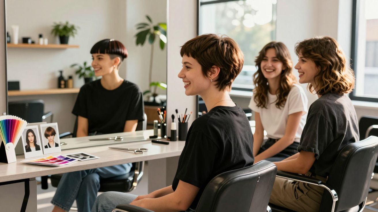 Quatro mulheres sorrindo em um salão de beleza com espelhos e materiais de maquiagem.