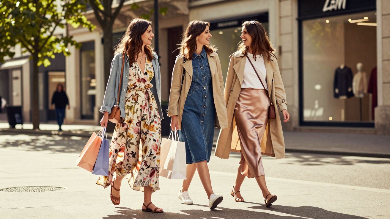 Três mulheres sorrindo e caminhando com sacolas de compras em rua de área comercial ensolarada.