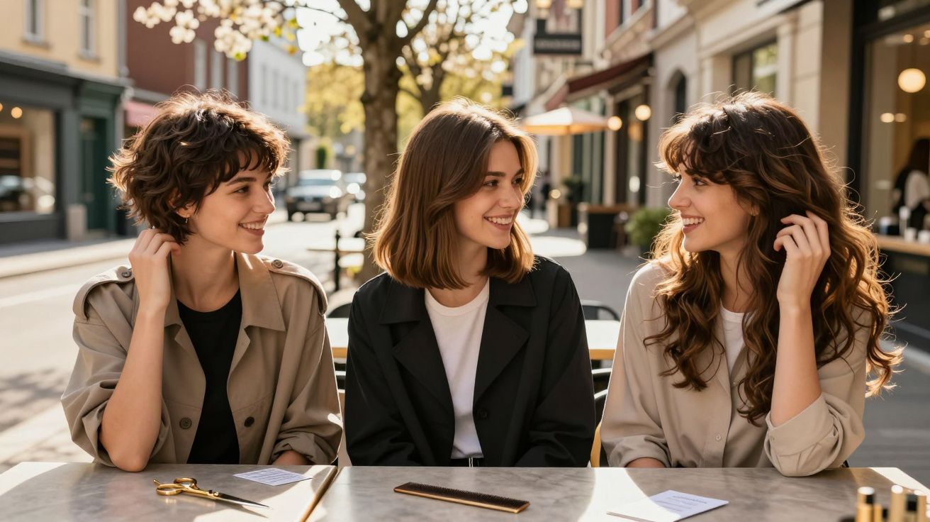 Três mulheres sorrindo e conversando sentadas em mesa ao ar livre em rua com árvores floridas.