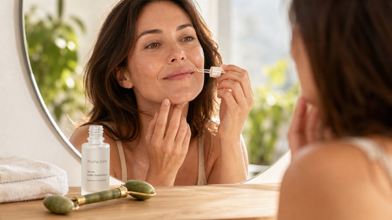 Mulher aplicando sérum facial com conta-gotas em frente ao espelho em ambiente iluminado e natural.