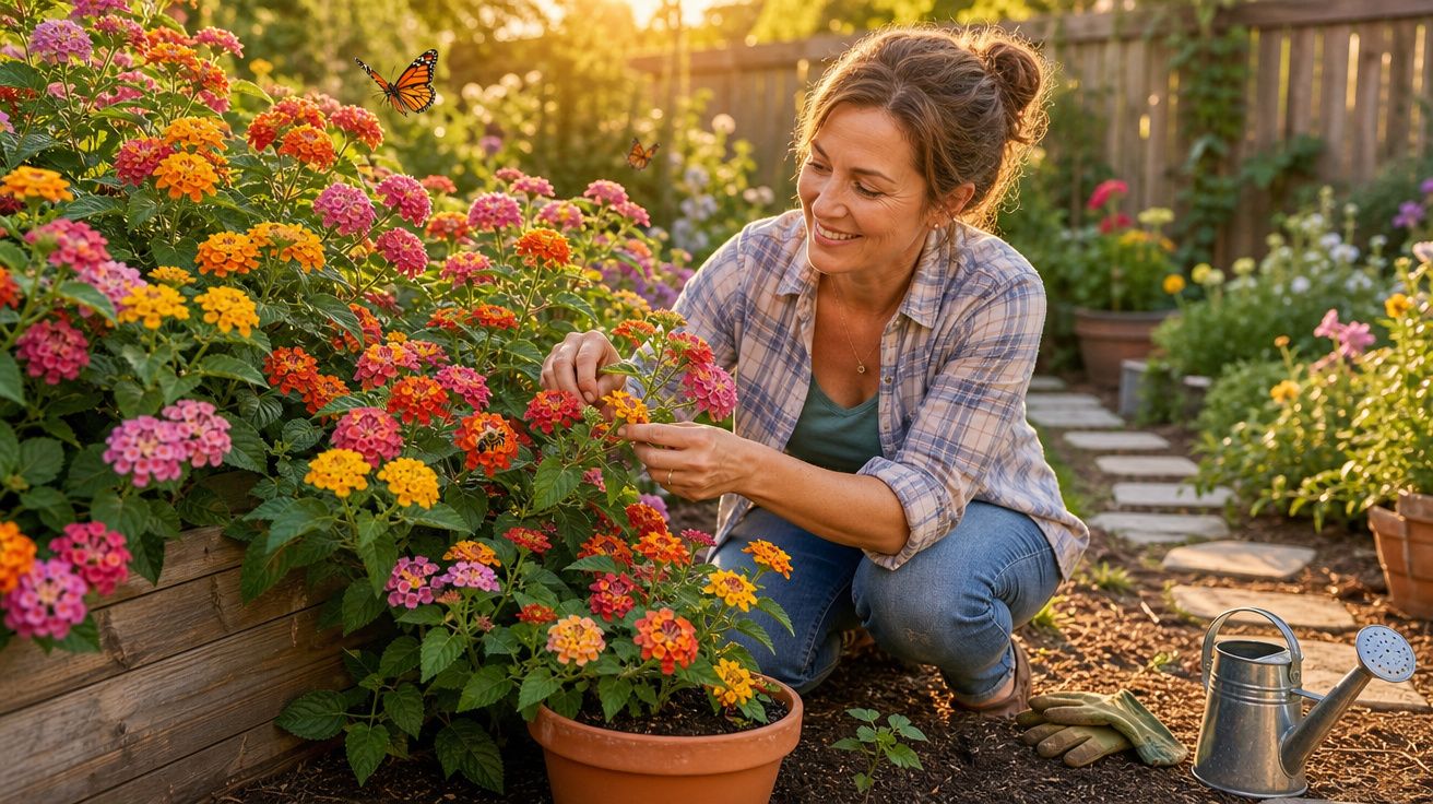 Mulher sorridente cuidando de flores coloridas em vaso no jardim ao pôr do sol.